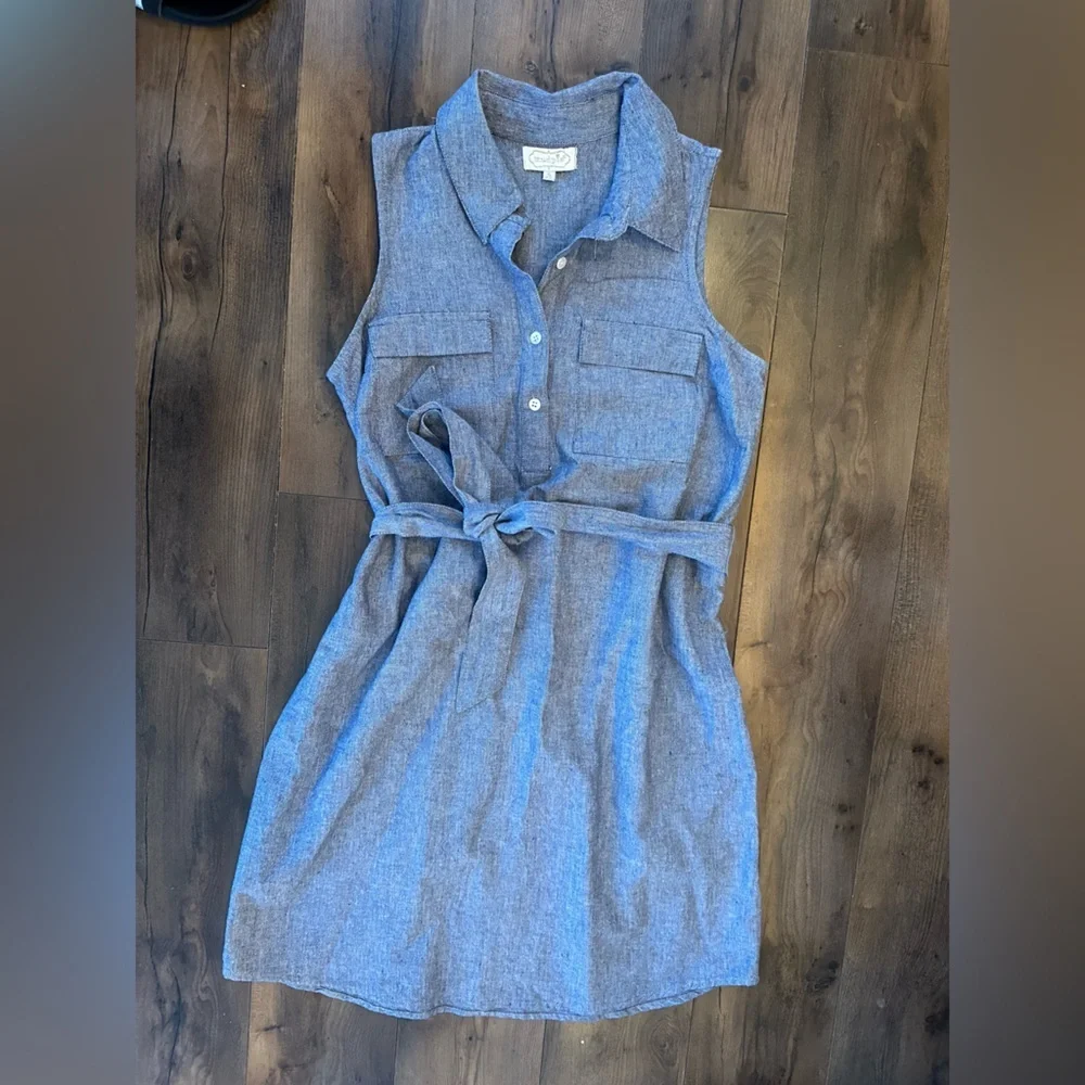 Mud Pie Chambray Belted Midi Dress S | Summer Casual Blue Button Front - Picture 3 of 9